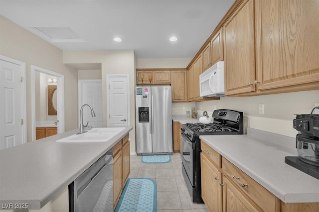 7852 Running Doe Ct, Las Vegas, NV 89149 - kitchen with stainless steel appliances, a sink, light countertops, light tile patterned floors, and recessed lighting