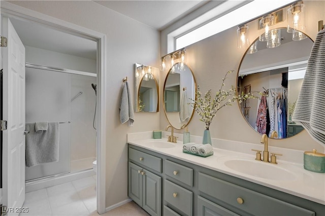 2545 Banora Point Dr, Las Vegas, NV 89134 - bathroom featuring double vanity, toilet, a shower stall, tile patterned floors, and baseboards
