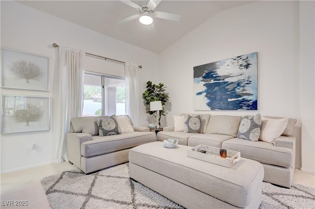 2545 Banora Point Dr, Las Vegas, NV 89134 - living area with vaulted ceiling, a ceiling fan, light carpet, and baseboards
