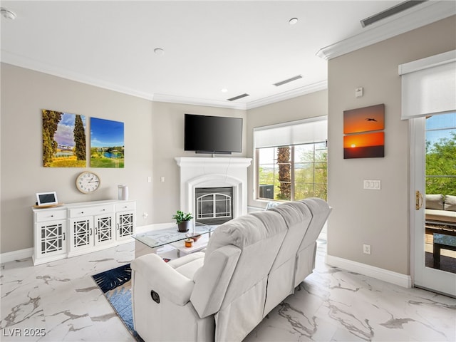 30 Via Vasari Unit 103, Henderson, NV 89011 - living room featuring crown molding, light marble finish floors, baseboards, recessed lighting, and a glass covered fireplace