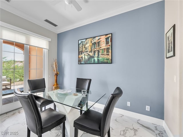 30 Via Vasari Unit 103, Henderson, NV 89011 - dining room featuring marble look tiles, ceiling fan, ornamental molding, and baseboards