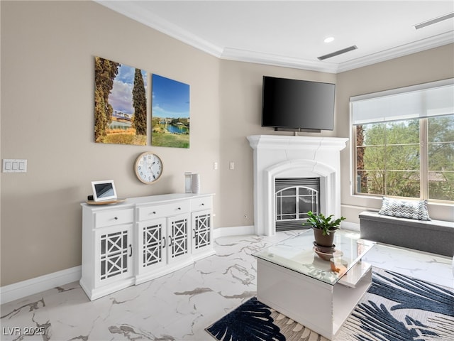 30 Via Vasari Unit 103, Henderson, NV 89011 - living area featuring marble look tiles, baseboards, ornamental molding, recessed lighting, and a glass covered fireplace