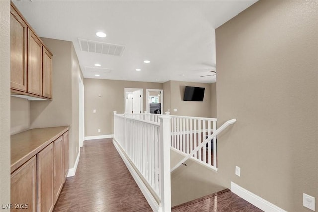 8015 Maple Park St, Las Vegas, NV 89131 - hall with an upstairs landing, baseboards, recessed lighting, and wood finished floors