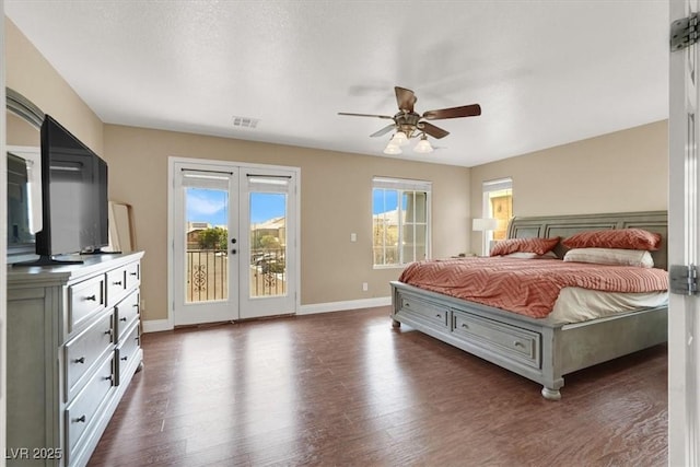 8015 Maple Park St, Las Vegas, NV 89131 - bedroom featuring french doors, access to outside, baseboards, dark wood-style floors, and a ceiling fan