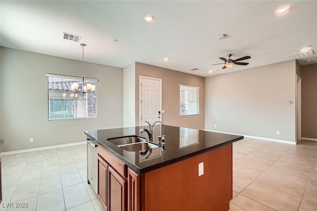 208 Coltrane Canyon Ave, Henderson, NV 89011 - kitchen with a sink, ceiling fan, plenty of natural light, light tile patterned floors, and recessed lighting
