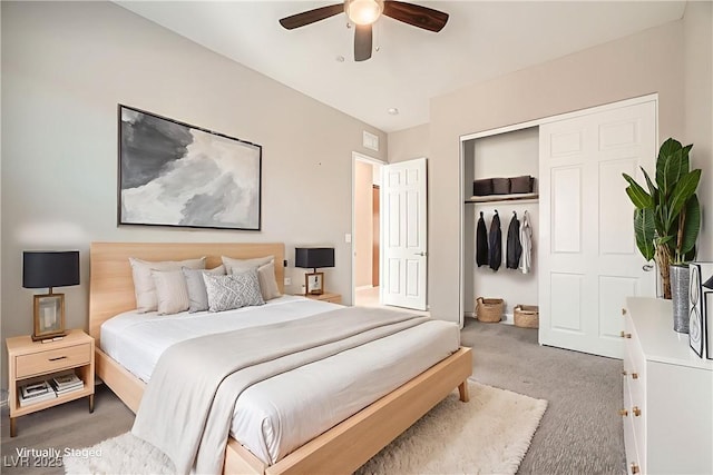 208 Coltrane Canyon Ave, Henderson, NV 89011 - bedroom with light colored carpet, a closet, and a ceiling fan