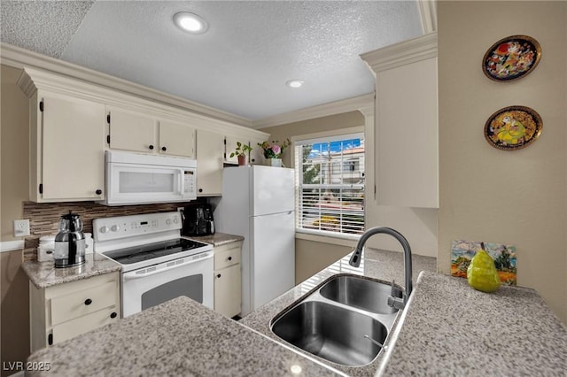 3150 Soft Breezes Dr Unit 1040, Las Vegas, NV 89128 - kitchen with white appliances, a sink, a textured ceiling, backsplash, and ornamental molding