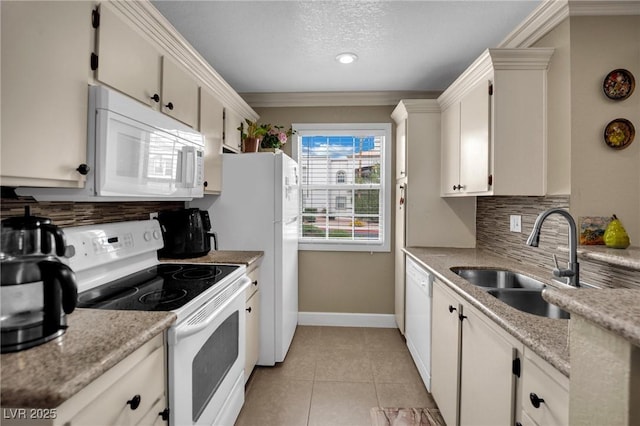 3150 Soft Breezes Dr Unit 1040, Las Vegas, NV 89128 - kitchen featuring white appliances, a sink, tasteful backsplash, light tile patterned floors, and ornamental molding