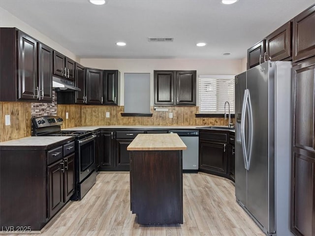 6436 Vinecrest Ave, Las Vegas, NV 89108 - kitchen featuring appliances with stainless steel finishes, a kitchen island, under cabinet range hood, wood counters, and light wood-style flooring