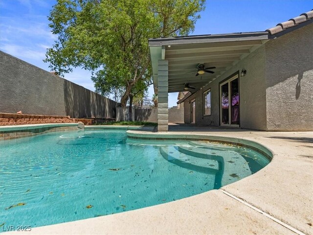 6436 Vinecrest Ave, Las Vegas, NV 89108 - view of pool with a fenced backyard, a ceiling fan, and a patio area