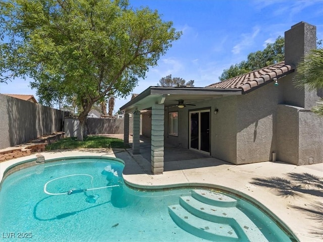 6436 Vinecrest Ave, Las Vegas, NV 89108 - view of swimming pool featuring ceiling fan, a fenced backyard, and a patio area