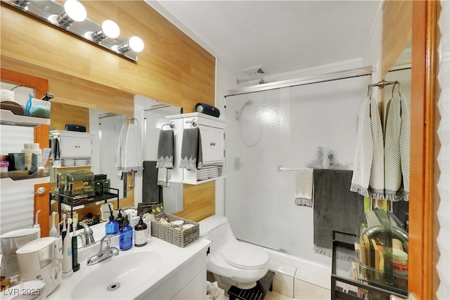 4629 Denwood Dr, Las Vegas, NV 89147 - bathroom featuring a shower stall, vanity, toilet, and tile patterned flooring