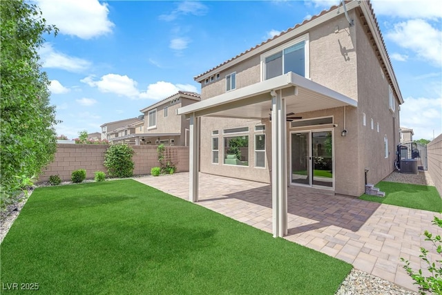 9604 Stoney Mesa Ct, Las Vegas, NV 89139 - back of house with stucco siding, ceiling fan, a patio, and a tiled roof