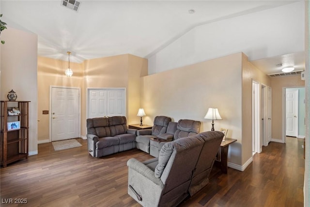 9329 Mountain Cliffs Ave, Las Vegas, NV 89129 - living room featuring high vaulted ceiling, dark wood-type flooring, and baseboards