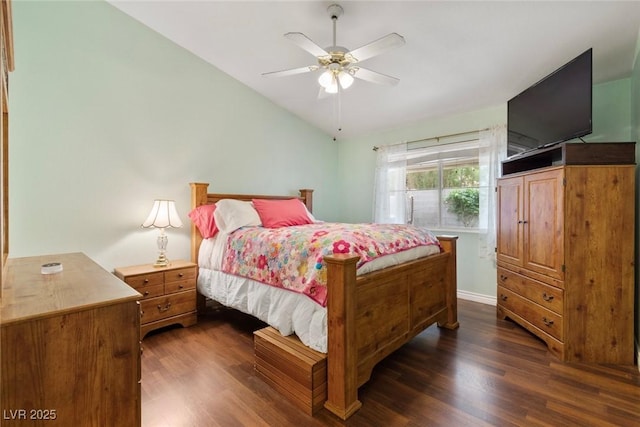 9329 Mountain Cliffs Ave, Las Vegas, NV 89129 - bedroom with dark wood-style floors, vaulted ceiling, baseboards, and ceiling fan