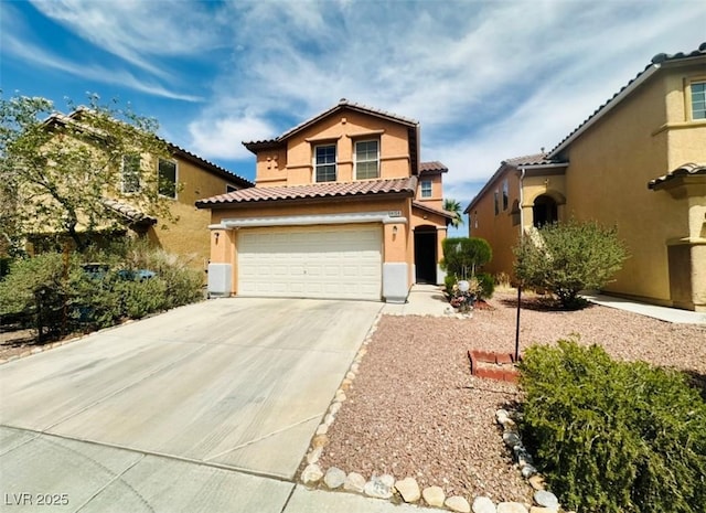 8156 Blue Hope Diamond Ln, Las Vegas, NV 89139 - mediterranean / spanish-style home featuring stucco siding, concrete driveway, a garage, and a tile roof