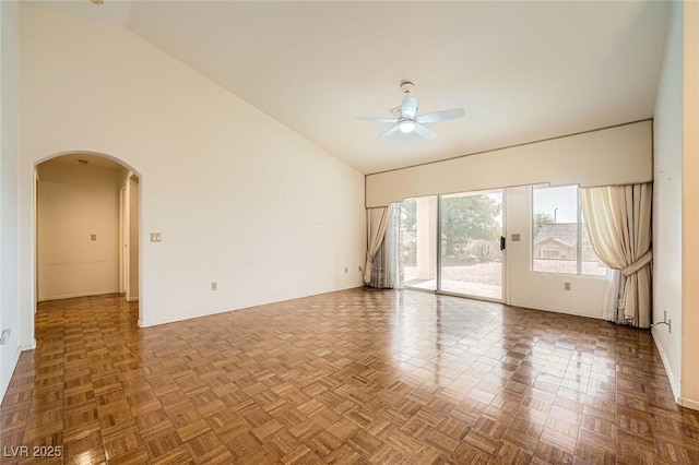 3104 Hayden Ct, Las Vegas, NV 89134 - unfurnished room with arched walkways, a ceiling fan, and high vaulted ceiling