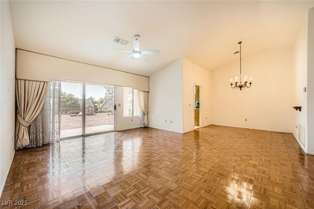 3104 Hayden Ct, Las Vegas, NV 89134 - spare room featuring a ceiling fan, a chandelier, and high vaulted ceiling