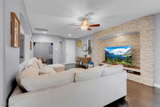 7937 Granite Walk Ave, Las Vegas, NV 89178 - living area featuring dark wood finished floors, ceiling fan, baseboards, and recessed lighting