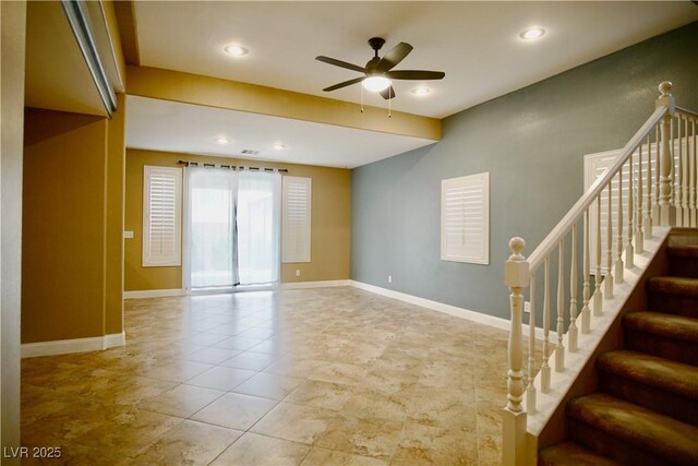 9144 Clear Sky Ave, Las Vegas, NV 89178 - empty room featuring a ceiling fan, stairs, baseboards, recessed lighting, and tile patterned flooring