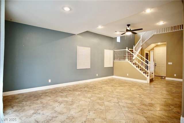 9144 Clear Sky Ave, Las Vegas, NV 89178 - unfurnished living room with stairs, ceiling fan, recessed lighting, and baseboards