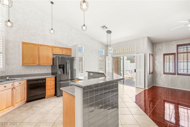 9688 Meeks Bay Ave, Las Vegas, NV 89148 - kitchen with black dishwasher, stainless steel refrigerator with ice dispenser, light tile patterned floors, a sink, and light brown cabinetry