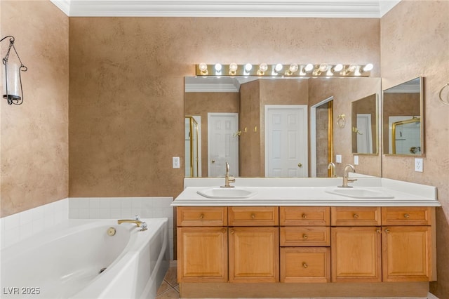 9688 Meeks Bay Ave, Las Vegas, NV 89148 - bathroom with double vanity, a stall shower, a bath, crown molding, and tile patterned flooring