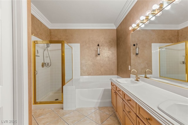 9688 Meeks Bay Ave, Las Vegas, NV 89148 - bathroom featuring a garden tub, a shower stall, tile patterned flooring, double vanity, and ornamental molding