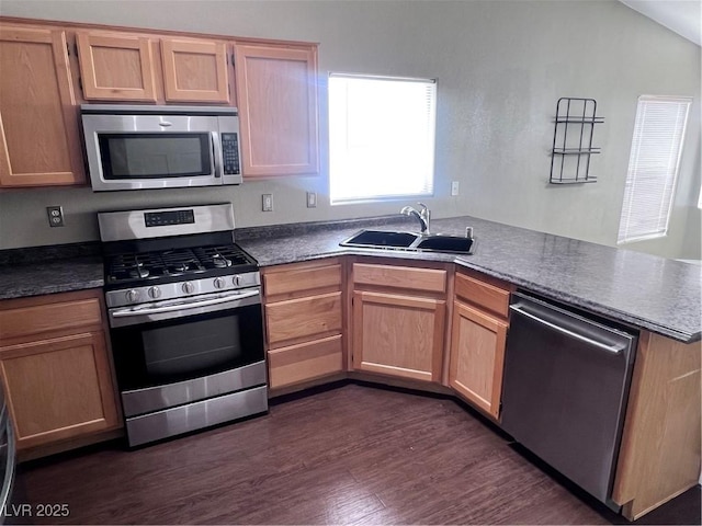 5217 Yellow Dawn Ct, Las Vegas, NV 89130 - kitchen with appliances with stainless steel finishes, a sink, a peninsula, dark wood finished floors, and dark countertops