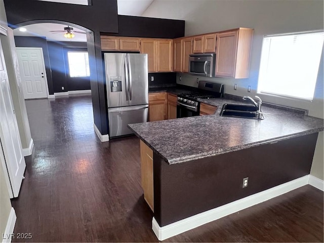 5217 Yellow Dawn Ct, Las Vegas, NV 89130 - kitchen featuring stainless steel appliances, a sink, a peninsula, a ceiling fan, and arched walkways