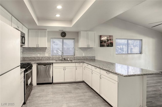 5132 Springland St, Las Vegas, NV 89146 - kitchen featuring stainless steel appliances, a sink, a peninsula, plenty of natural light, and recessed lighting