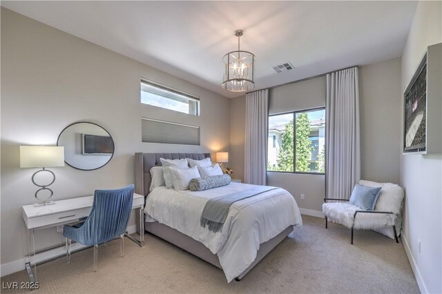 10 Sugarberry Ln, Las Vegas, NV 89135 - bedroom featuring multiple windows, a chandelier, baseboards, and light colored carpet