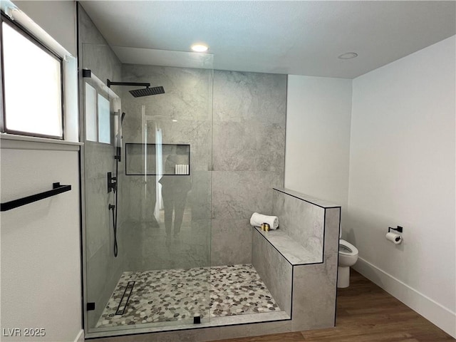 6191 Bullion Blvd, Las Vegas, NV 89103 - full bathroom with toilet, walk in shower, baseboards, wood finished floors, and recessed lighting