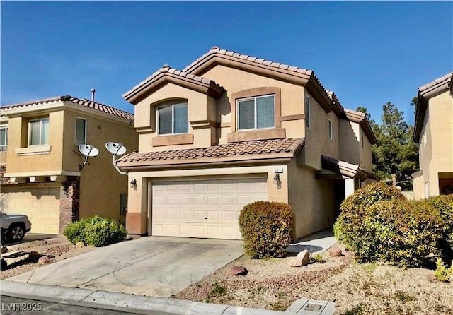 224 Wicked Wedge Way, Las Vegas, NV 89148 - view of front facade with a tile roof, a garage, stucco siding, and concrete driveway