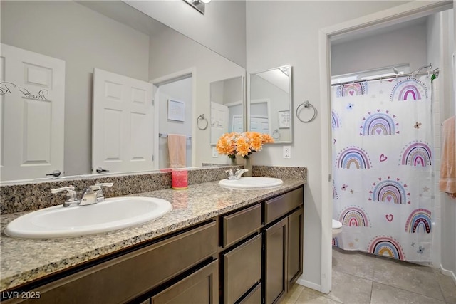 2169 Rio Rancho Pointe Pl, Henderson, NV 89002 - bathroom featuring tile patterned flooring, double vanity, toilet, and a shower with curtain