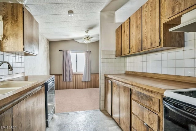 960 Third St, Pahrump, NV 89048 - kitchen with ceiling fan, a wainscoted wall, under cabinet range hood, dishwasher, and a sink
