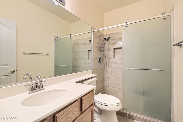 8777 Shady Peak Way, Las Vegas, NV 89123 - bathroom with a shower stall, toilet, vanity, and tile patterned floors