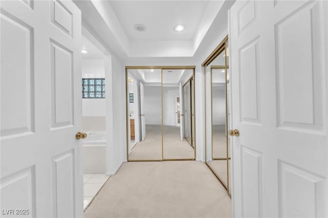 1951 Moyer Dr, Henderson, NV 89074 - hall featuring a raised ceiling, recessed lighting, and light carpet