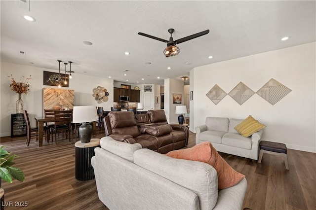 1309 Vista Del Monte Dr, Mesquite, NV 89027 - living area featuring a ceiling fan, dark wood finished floors, recessed lighting, and baseboards