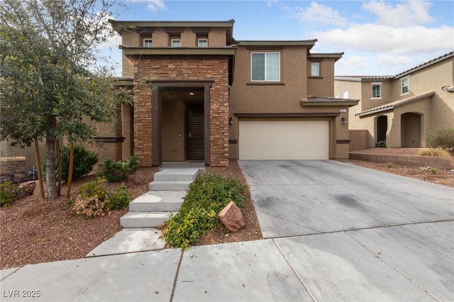 10373 Northern Hills Ave, Las Vegas, NV 89166 - view of front of property featuring stone siding, a garage, driveway, and stucco siding