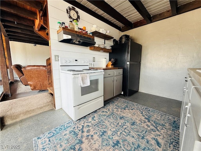 250 E Madison Ave, Ely, NV 89301 - kitchen with white range with electric stovetop, under cabinet range hood, freestanding refrigerator, beamed ceiling, and open shelves