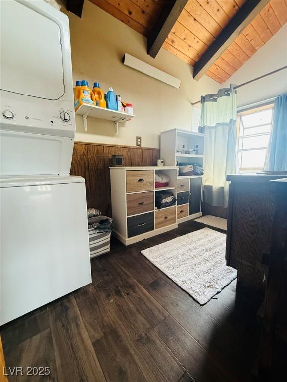 250 E Madison Ave, Ely, NV 89301 - washroom featuring wood ceiling, stacked washer / drying machine, and dark wood-style flooring