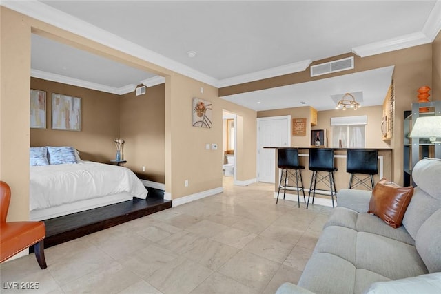 270 E Flamingo Rd Unit 131, Las Vegas, NV 89169 - bedroom with ornamental molding, a chandelier, and baseboards