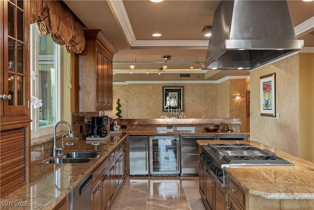 1 Hughes Center Dr Unit 308, Las Vegas, NV 89169 - kitchen featuring island range hood, a sink, beverage cooler, crown molding, and stainless steel appliances