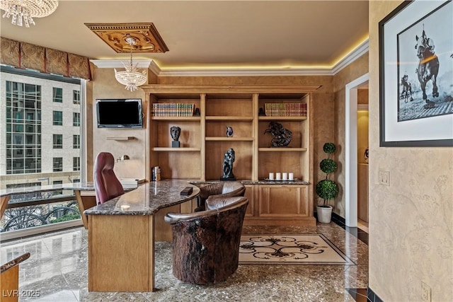 1 Hughes Center Dr Unit 308, Las Vegas, NV 89169 - home office featuring a chandelier, granite floors, and ornamental molding