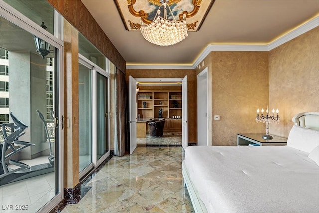 1 Hughes Center Dr Unit 308, Las Vegas, NV 89169 - bedroom featuring a chandelier, crown molding, and access to exterior