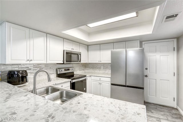 6250 W Flamingo Rd Unit 43, Las Vegas, NV 89103 - kitchen with appliances with stainless steel finishes, a sink, a tray ceiling, white cabinets, and light wood-style flooring
