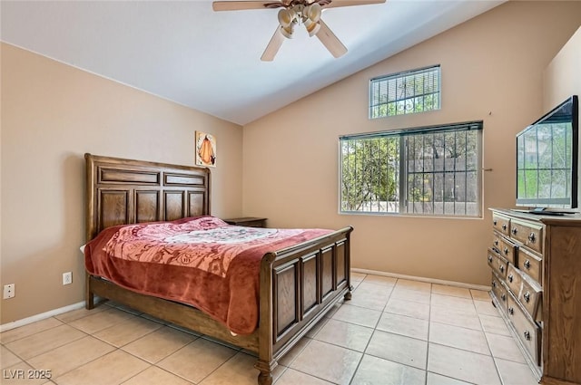 8242 Tribute Ln, Las Vegas, NV 89147 - bedroom with high vaulted ceiling, baseboards, light tile patterned floors, and a ceiling fan