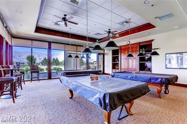 3124 Kookaburra Way N, Las Vegas, NV 89084 - rec room with a tray ceiling, carpet floors, a ceiling fan, billiards table, and a paneled ceiling