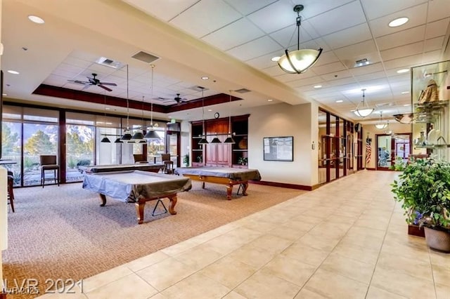 3124 Kookaburra Way N, Las Vegas, NV 89084 - rec room with a raised ceiling, tile patterned flooring, billiards table, carpet, and a paneled ceiling